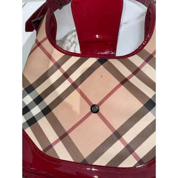 Burberry Nova Check Hobo Bag with Red Patent Trim Shoulder Bags
